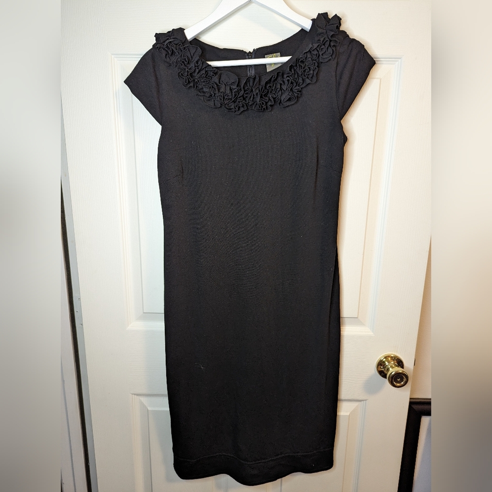 Taylor Women's Black pencil dress with ruffle neck size 12